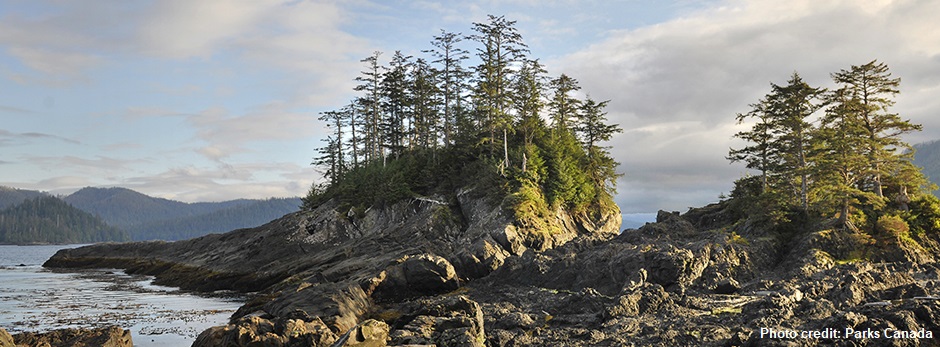 rocky forested coast of Moresby Island in Haida Gwaii, western Canada 