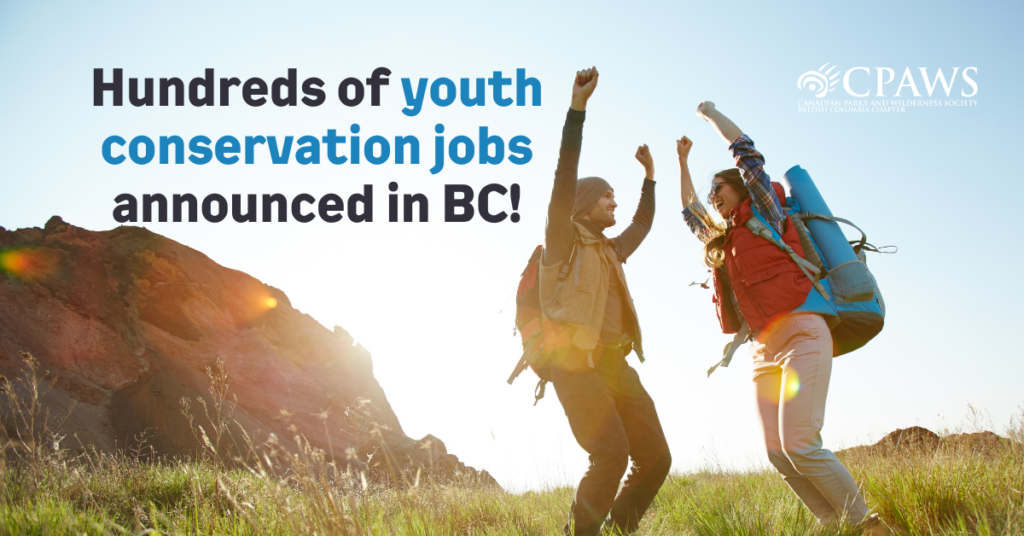 ID: Two young adults jump in air in wild meadow. Text reads: Hundred of new youth conservation jobs announced in BC