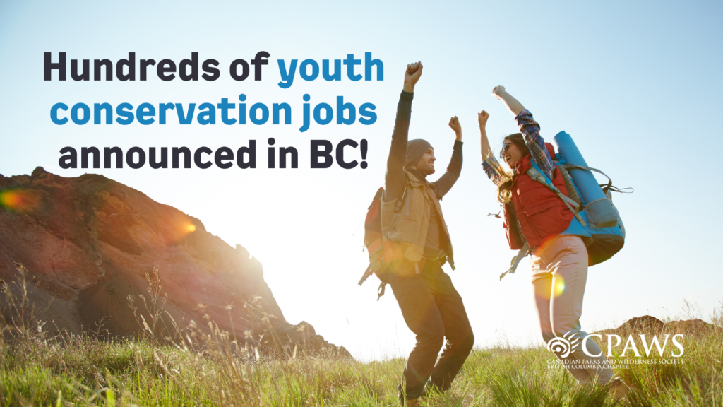 ID: Two young adults jump in air in wild meadow. Text reads: Hundred of new youth conservation jobs announced in BC