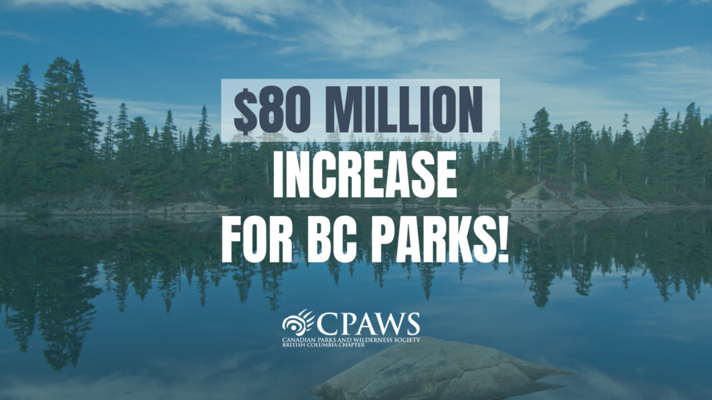 ID: Text reads $80M Increase for Bc's Parks! backdrop of blue-tones lake forest