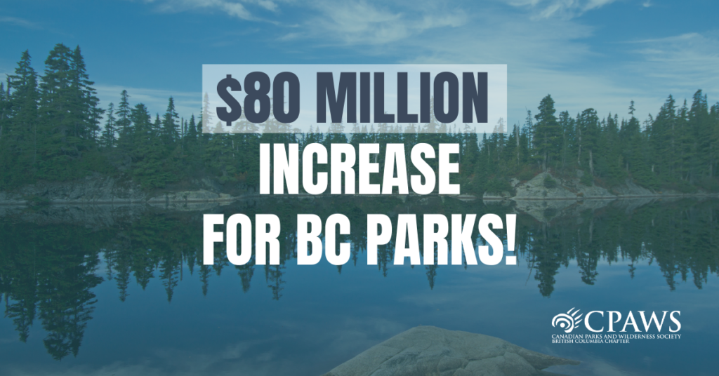 ID: Text reads $80M Increase for Bc's Parks! backdrop of blue-tones lake forest
