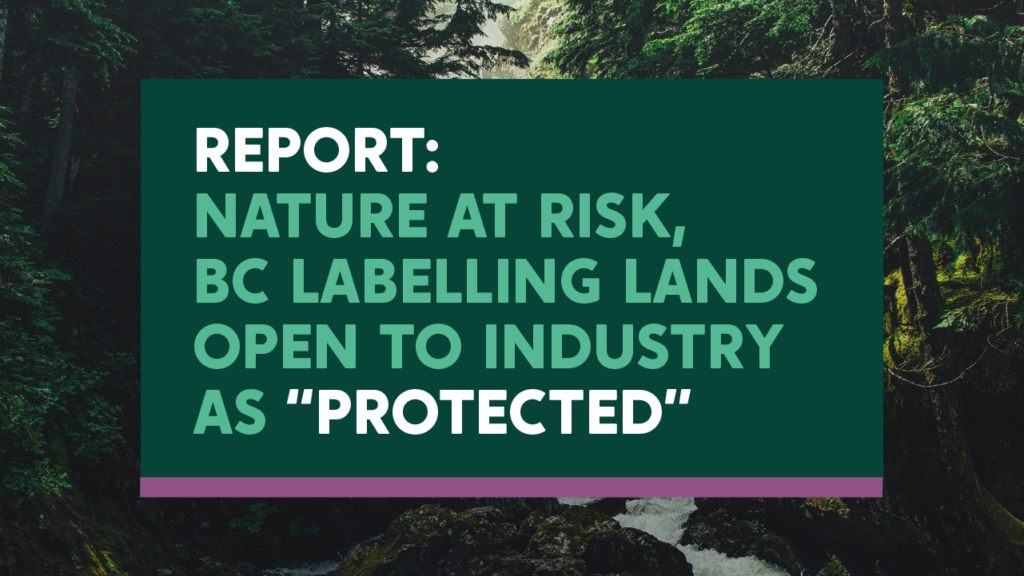 report: nature at risk, bc labelling lands open to industry as "protected". Green text on dark green background, with background image of a forest and river