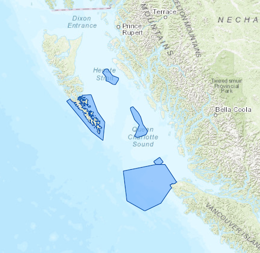 Map of north and central coast of BC dotted with existing marine protected areas.
