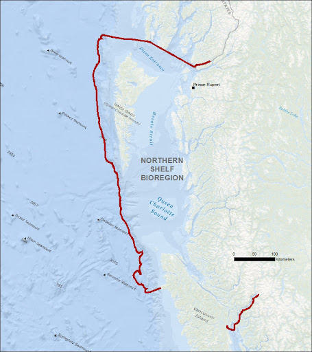 Map shows Proposed Marine Protected Area Network in the Great Bear Sea with red boundary line across northern vancouver island and haida gwaii