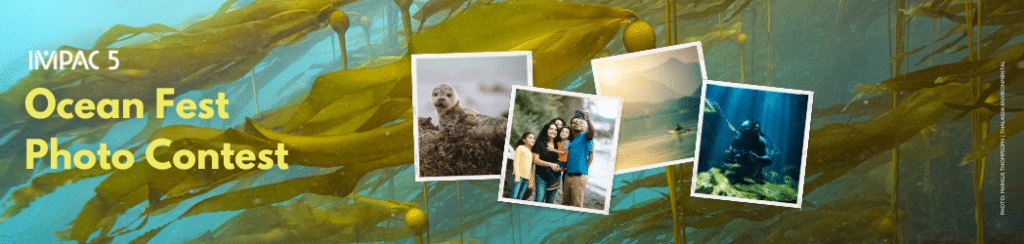 ID: Yellow text reads Ocean Fest Photo Contest over green kelp. Sample entries include baby seal, family selfie on the beach, kayaker on the coast, reef diver