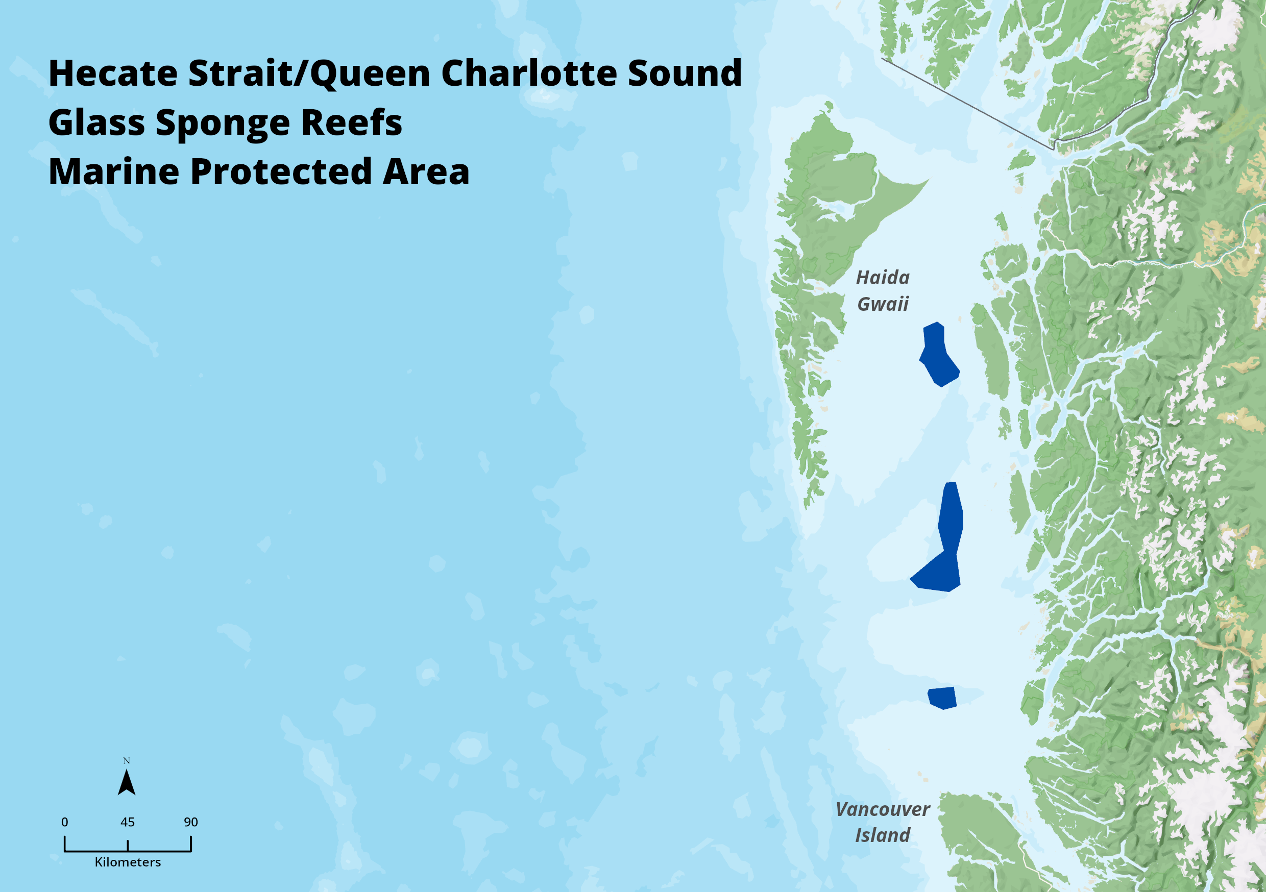 A map of Hecate Strait and Queen Charlotte Sound Glass Sponge Reefs Marine Protected Area