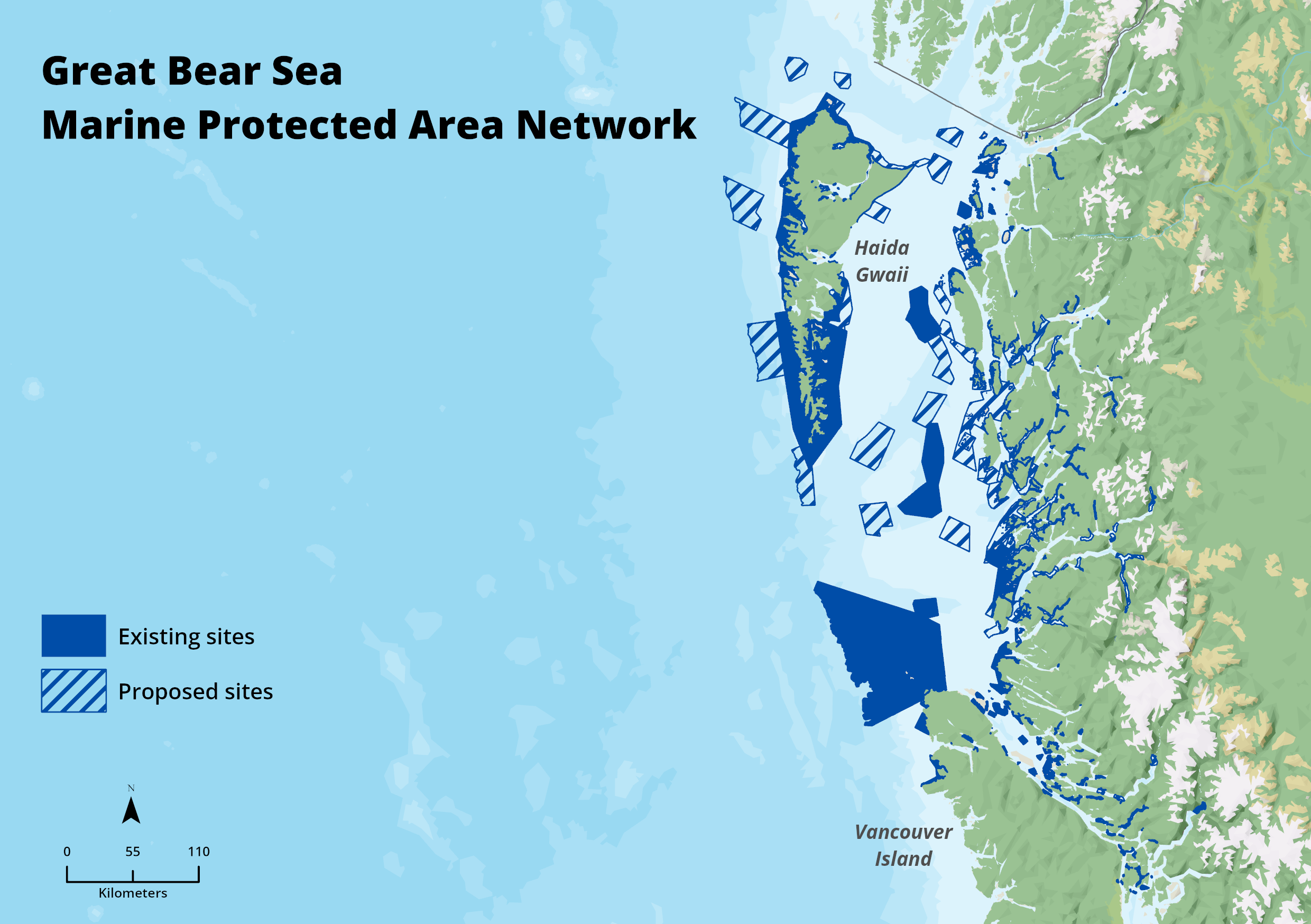 A map of existing and proposed sites for the Great Bear Sea Marine Protected Area Network