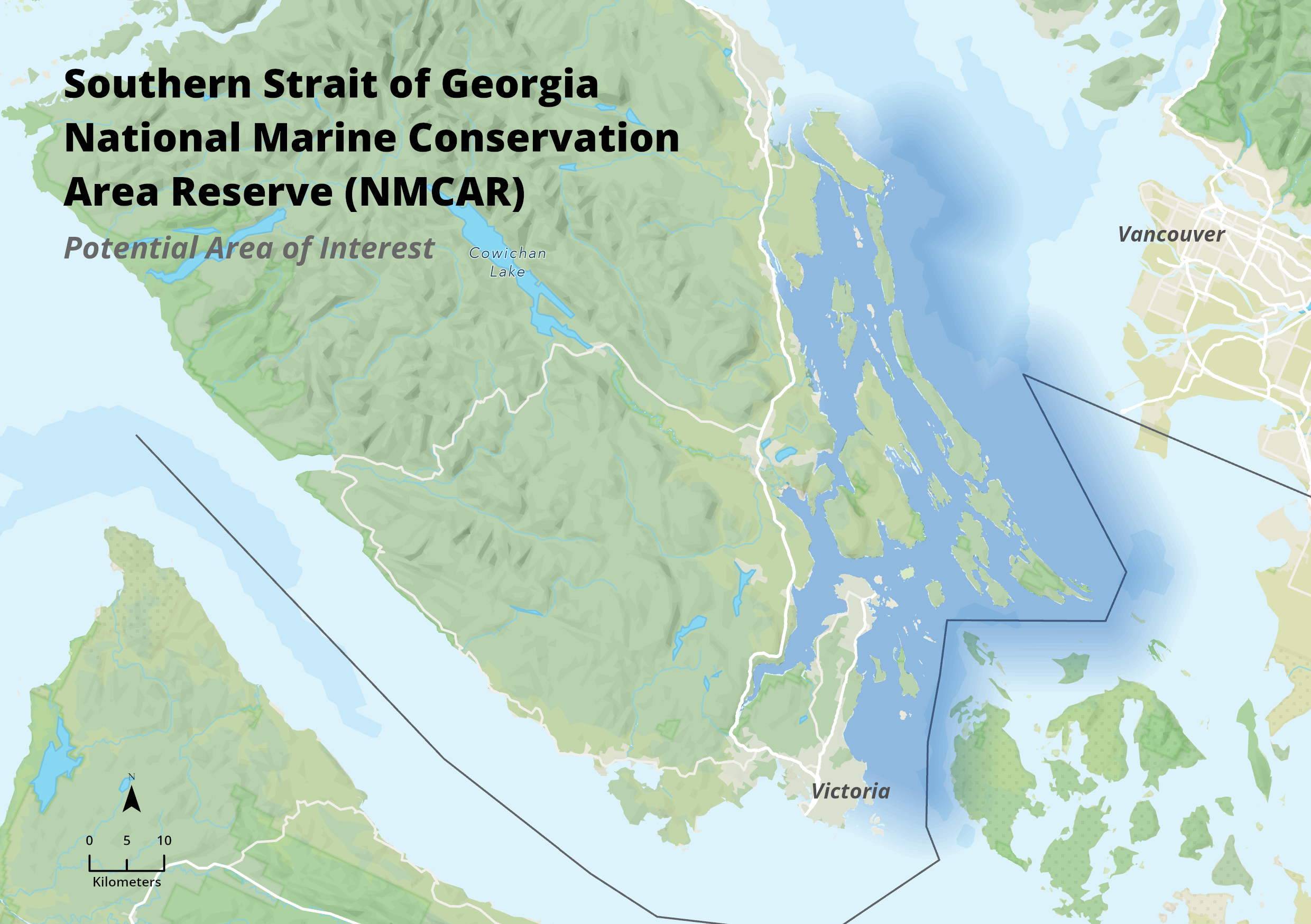 A map of the area where a proposed National Marine Conservation Area Reserve could be designated in the Southern Strait of Georgia
